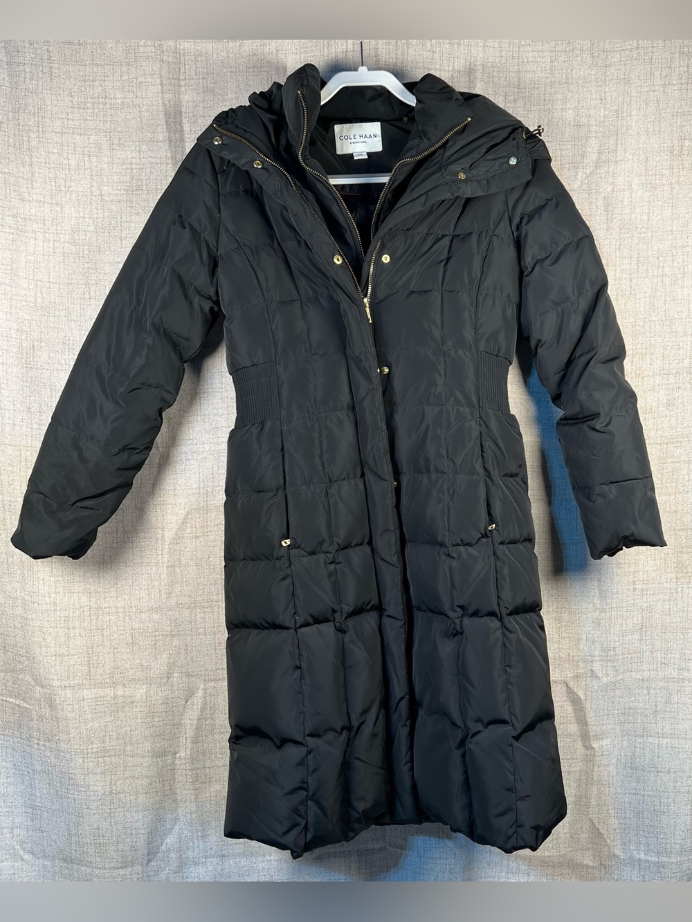Cole Haan Signature Coat Long Black Puffer Double Zip Snap Hooded Quilted Small